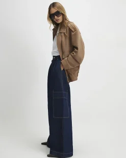 Indigo Mid Rise Cargo Wide Leg Baggy Jeans