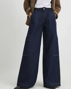 Indigo Mid Rise Cargo Wide Leg Baggy Jeans