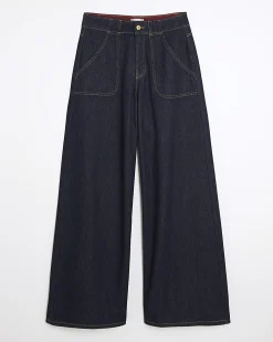 Indigo Mid Rise Tailored Baggy Wide Leg Jeans