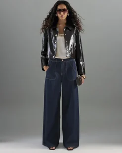 Indigo Mid Rise Tailored Baggy Wide Leg Jeans