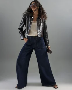 Indigo Mid Rise Tailored Baggy Wide Leg Jeans
