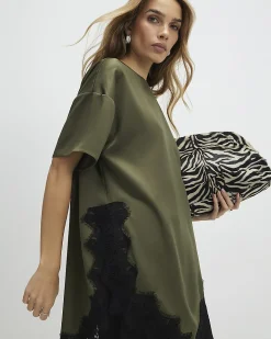Khaki Asymmetric Lace Satin T-shirt