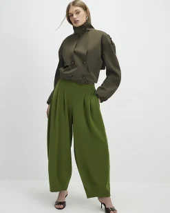 Khaki Balloon Leg Pleated Trousers