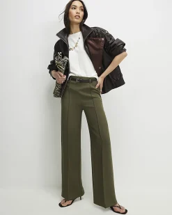 Khaki Belted Straight Leg Trousers