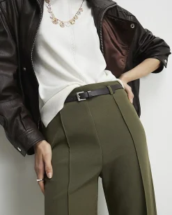 Khaki Belted Straight Leg Trousers