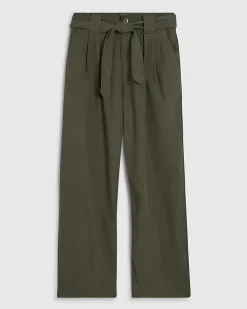 Khaki Belted Wide Leg Poplin Trousers