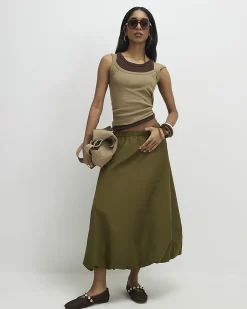 Khaki Bubble Hem Midi Skirt