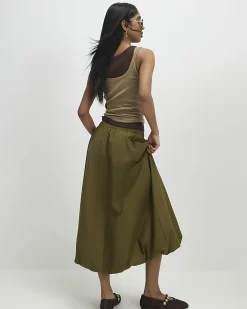 Khaki Bubble Hem Midi Skirt