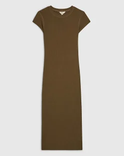 Khaki Cap Sleeve Ribbed Midi Dress