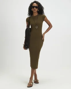Khaki Cap Sleeve Ribbed Midi Dress