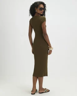 Khaki Cap Sleeve Ribbed Midi Dress