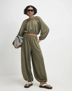 Khaki Cotton Blend Bubble Hem Trousers
