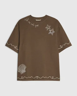 Khaki Cotton Blend Embroidered T-Shirt