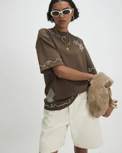 Khaki Cotton Blend Embroidered T-Shirt
