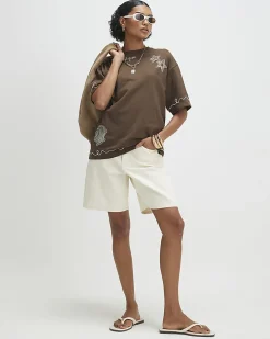 Khaki Cotton Blend Embroidered T-Shirt