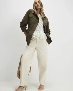 Khaki Cotton Blend Funnel Neck Jacket