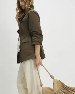 Khaki Cotton Blend Funnel Neck Jacket