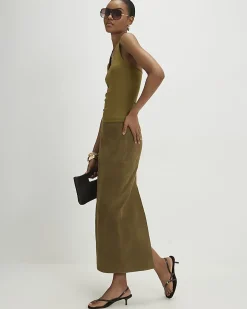 Khaki Cotton Blend Halter Neck Tank Top