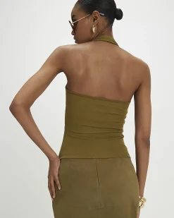 Khaki Cotton Blend Halter Neck Tank Top