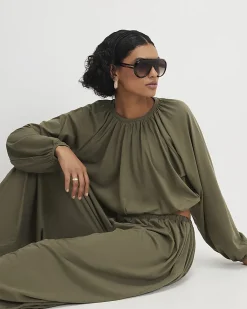 Khaki Cotton Blend Long Sleeve Bubble Hem Top