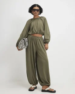 Khaki Cotton Blend Long Sleeve Bubble Hem Top