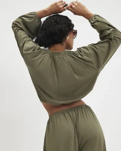 Khaki Cotton Blend Long Sleeve Bubble Hem Top