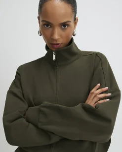 Khaki Cotton blend Zip Up Sweatshirt