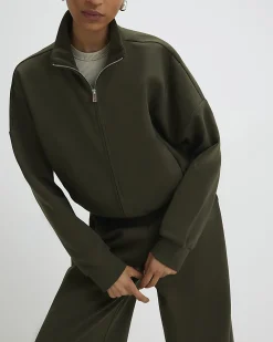Khaki Cotton blend Zip Up Sweatshirt