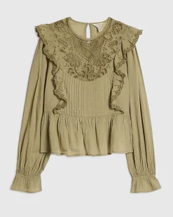 Khaki Cotton Cutwork Ruffle Blouse