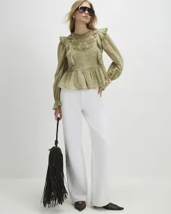 Khaki Cotton Cutwork Ruffle Blouse