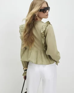 Khaki Cotton Cutwork Ruffle Blouse