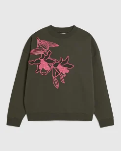 Khaki Cotton Embroidered Floral Sweatshirt