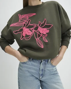 Khaki Cotton Embroidered Floral Sweatshirt