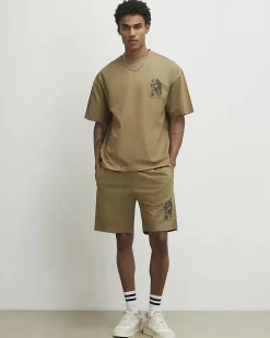 Khaki Cotton Japanese T-Shirt And Shorts Set
