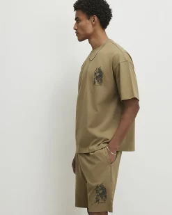 Khaki Cotton Japanese T-Shirt And Shorts Set