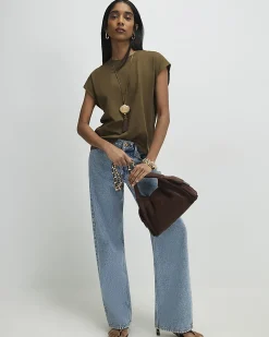 Khaki Cotton Loose Fit Short Sleeve Top