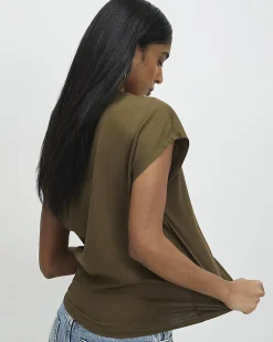 Khaki Cotton Loose Fit Short Sleeve Top
