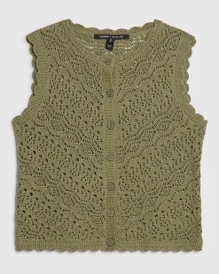 Khaki Cotton Metallic Knit Scallop Trim Top