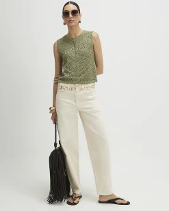 Khaki Cotton Metallic Knit Scallop Trim Top
