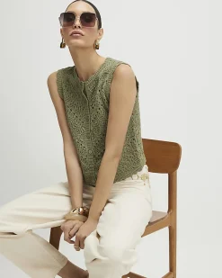 Khaki Cotton Metallic Knit Scallop Trim Top