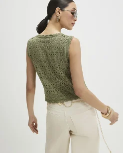 Khaki Cotton Metallic Knit Scallop Trim Top