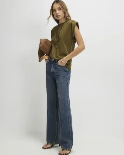 Khaki Cotton Premium Ruched Shoulder T-shirt