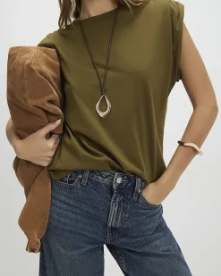 Khaki Cotton Premium Ruched Shoulder T-shirt