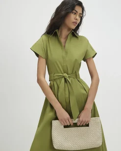 Khaki Cotton Short Sleeve Midi Shirt Dress