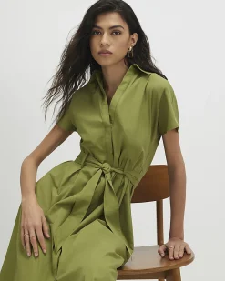 Khaki Cotton Short Sleeve Midi Shirt Dress