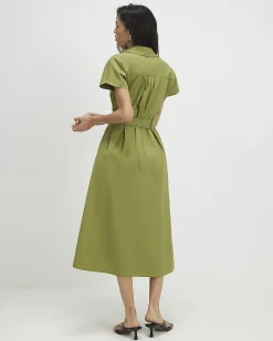 Khaki Cotton Short Sleeve Midi Shirt Dress