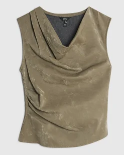 Khaki Faux Leather Hammered Ruched Detail Top