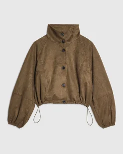 Khaki Faux Suede Drawstring Hem Bomber Jacket