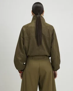 Khaki Faux Suede Drawstring Hem Bomber Jacket