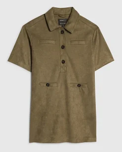 Khaki Faux Suede Short Sleeve Shirt Dress